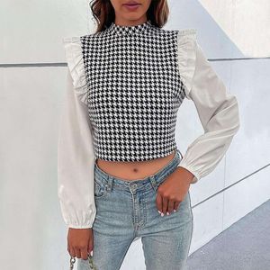 Outono curto houndstooth t camisa manga longa flare emenda para mulher