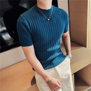 Męskie swetry wysokie, swobodny krótki rękaw Swatermale Wysokie kołnierz Slim Fit Stripe Zestaw Głowa Koszule dzianiny Plus S4XL 230815