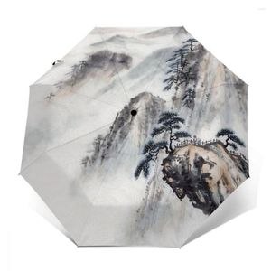 Umbrellas Sunny Umbrella Oriental Chinese Ink Painting Automatic Folding Portable Sunscreen Rain Windproof Beach Parasol