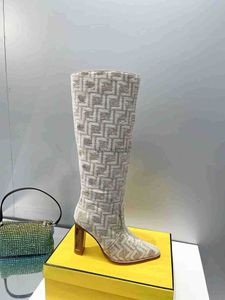 Botlar 2023 Yüksek topuklu Chenil Boots Baget Baget Kadın Boot Kare Mavi ve Siyah Jakar Motif Topuk Yüksekliği 110 Mm Bayanlar Moda Tasarımı G230130