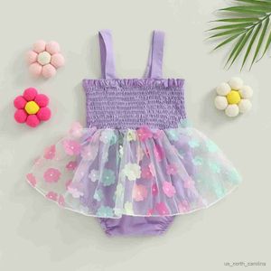 Girl's Dresses Infant Girls Romper Dress Flower Print Mesh Skirt Hem Ruched Jumpsuits Summer Newborn Clothes Baby Cami Bodysuits R230816