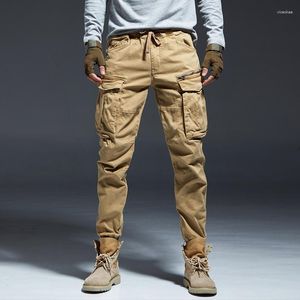 Calças masculinas cargo multicotela Men, algodão combate calças táticas militares da cintura elástica de gola elástica zíper da calça de streetwear