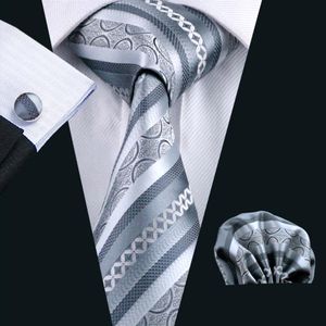 Krawattenset für Männer graue Streifen Backiefuch Manschettenknöpfe Jacquard gewebte Herren Krawatte Set Businessarbeit formelle Hochzeit N-0589233g