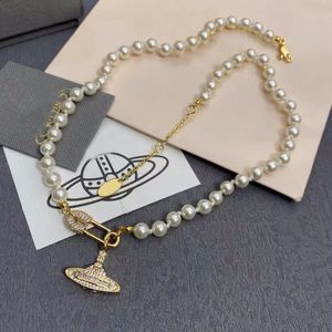 Premium Pin Pearl Pendant Necklace Designer 925 Silver Full Diamond Planet Choker CollarBone Chain for Women4884