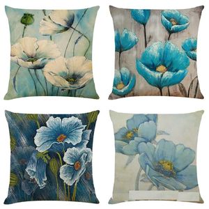 Kasta kudde kudde täcke blå lilja av bomullslinne polyester dekorativ heminredning soffa soffa skrivbord stol sovrum 18x18 tum fyrkant kast kuddfodral omslag