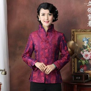 Jackets de Jackets femininos Jaqueta roxa da mãe chinesa estilo de manga longa e bordada modificada
