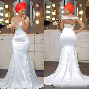 Elegant Lace Satin Off The Shoulder Mermaid Evening Dresses Gold Appliqued Aso Ebi African Prom Dresses309z