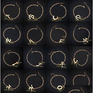 Identifiering Sier Gold Figaro Chain 26 Bokstäver Armband Fashion Rostfritt stål Initialer Anklet för män Kvinnor Drop Leverans smycken DHDTM