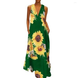 Sukienki swobodne sukienki z nadrukiem słonecznika Kobiety lato żółty boho v szyi bez rękawów duże kieszenie na brzeg długie