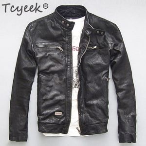 Jaquetas masculinas tcyeek jacket de couro genuíno masculino de ovelha de ovelha de verdade preta marrom masculino moto jaquetas de motocicletas mola de outono masculina roupas l1 230815