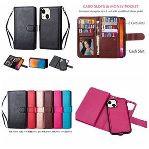 Avtagbar löstagbar läderplånbok för iPhone 15 Plus 14 13 Pro Max 2in1 2 i 1 Credit ID 9 Kortplats Multifunktion Flip Cover Smart Mobile Pouch Strap