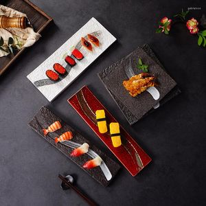 Teller Steinmuster Sushi Snack Dish Restaurant El Keramikgeschirr Retro rechteckige flache Platten Sashimi Lachsschale Esswerkzeuge