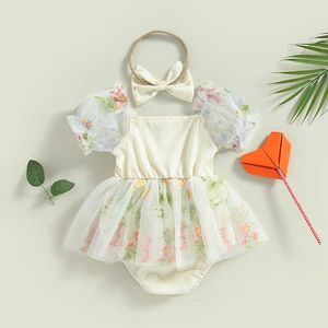 Mädchen Kleider Prinzessin Baby Mädchen Floral Strampler Säugling Baby Puff Sleeve Strampler + Stirnband 2PCS Sommer Mädchen Tüll Kleid Overall