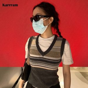 女性のセーターKarrram Korean Fashion v Neck Vest Pretty Style Knitted Tank Top Grunge Patchwork Embroidery Sweater Vinatge Chic Crop 230816