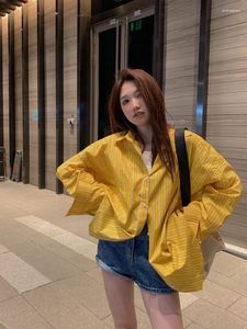 Women's Blouses 2023 Summer And Autumn Clothing Yellow Chic Striped Loose Waist Long Shirt 0814