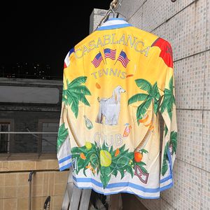 Herren Casual Shirts Stock Casablanca Kontrast gestreifter Orange Kokosnussbaum langhaariger Hund Print Ärmel Hawaiian Hemd für Männer Frauen 230815