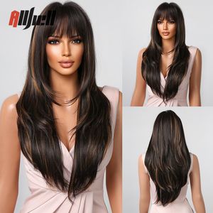 Cosplay Wigs Long Straight Highlight Dark Brown Hair Synthetic Mixed Color Wig with Bangs Heat Resistant for Women Daily Use 230815