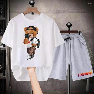 Herrspårspår Bomullsspårning Set Men 2 Piece T Shirt Shorts Fashion Bear Design Overdimensionerad Mans Gym Sportswear Kawaii Korea Cool Track