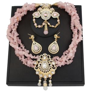 Bangel Sunspicems Pink Crystal Marokko Schmuckset Natursteinperlen Halskette Halskette Caftan Brosche Ohrring für Frauen Gold Farbkette 230815