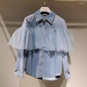 Camicette da donna camicia da donna in denim a maniche lunghe in maglia giunta sensità versatile hong kong in stile top cappotto femmina