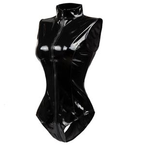 Women's Jumpsuits Rompers Black Crotch Zipper Sleeveless Sexy Spandex Bodysuit Leather Latex Catsuit PVC Jumpsuit Women Short PU BodySuit Clubwear 230815