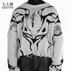 Men's Sweaters Autumn Knitted Pullovers Sweater Men Y2k Ecological Tree Skeleton Print Sweaters Vintage High Street Hole Oversize Jumper Unisex J230806