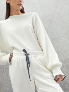 Calças de duas peças femininas femininas lã e cashmere mistura malha ajuste o pescoço redondo suéter comprido suéter de cordão elástico peças de cintura elástica