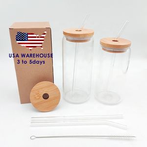 CA USA Warehouse Clear Transparent 16oz kaffe Drinking Beer Glass Can Bottle Cup med Bent Glass Straw och Bamboo Lid