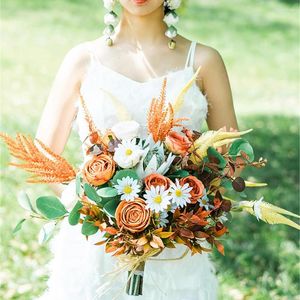 Hochzeitsblumen Sesthfar Orange Blätter Braut Bouquet Künstliche bruid Seiden Rose Braut Bouquets POFOGRAPS -Requisiten