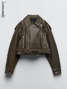 Женская куртка, винтажная свободная короткая куртка из искусственной кожи с поясом, уличная одежда, женская молния, ретро мотобайкерское пальто, верхняя одежда, топы 230815