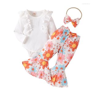 Giyim setleri bebek kız kıyafetleri sonbahar kış dantel çiçek bebek doğumlu kıyafetler fırfır romper çan-tabanlı pantolon baş bandı seti