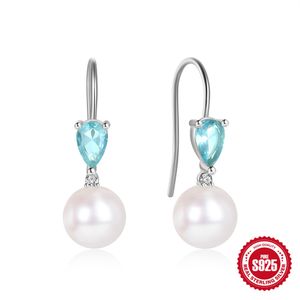 Elegant Women 925 Sterling Silver 8mm Pearl Drop Earrings BLUE zirconia prong set women earrings for gift wedding party