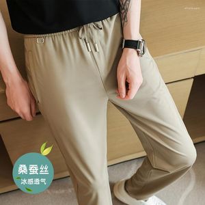 Men's Pants High Stretch Solid Mulberry Silk Men Casual Brand Ice Breathable Straight Slacks With Elastic Waist