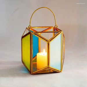 Ljus Creative Glass Candlestick Table Lamp Metal Iron Holder Lantern Gold Color Change Geometric Bougie Mariage Kaarsen Houder