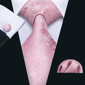 Mens Tie Hankerchief Cufflinks Set Cherry blossom pink tie with white flowers Silk Business Casual Party Necktie Jacquard Woven N-220m