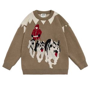 Мужские свитеры мужчины хип -хоп уличная одежда Harajuku Sweaters Vintage Retro Cartoon Cartoon Cute Dog Жаккард вязаный свитер Осенний пуловы J230806