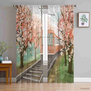 Cortina de cortina de cerejeira Blossom Watercolor Tulle Curtains para sala de estar decoração de quarto chiffon pura da cozinha cortina cortina R230816