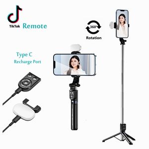 Selfie Monopods Recarregável Bluetooth Wireless Stick Flexible Live Brilhão Stand Tripé dobrável com luz de preenchimento para smartphones 230816