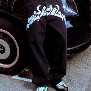 Мужские джинсы модная уличная хип-хоп буквальная вышивка дизайна высокая талия Men Men Y2k Бесулобное панк повседневная прямая джинсы для ног мужская одежда 230815