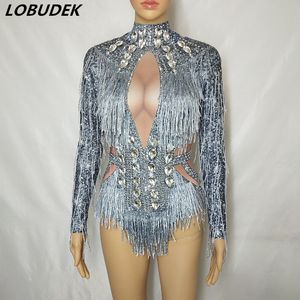 Women's Jumpsuits Rompers Sier S Fringed Long Sleeve Bodysuit Female Crystals Tassels Elastic Catsuit Nightclub DJ Singer Stage Costume 230815