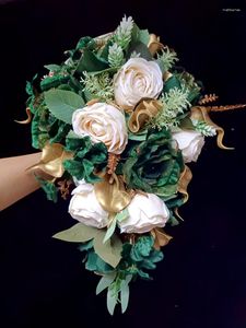 Düğün Çiçekleri Varış Koyu Yeşil Gül Altın Salal Basamaklı Şelale Gelin Buket Ramos de Novia Mariage