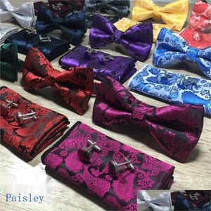 Bow Ties New Design Self Tie And Hanky Cufflinks Set Silk Jacquard Woven Men Butterfly Bowtie Pocket Square Handkerchief Suit 200 Drop Dhgau