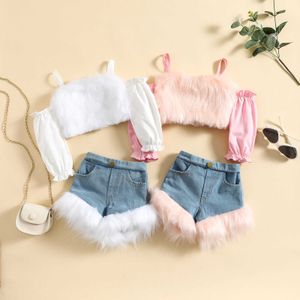 Clothing Sets Baby Infant Kid Girls Clothes Set Plush Shoulder Tops Denim Shorts Jeans Fashion Clothing