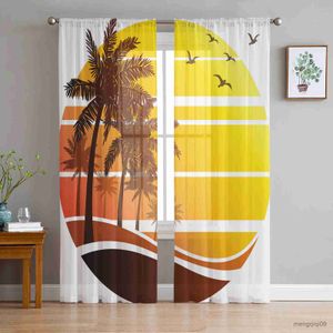 Cortina pássaros Sunset Coconut Tree Sheer Curtains para o quarto A sala de estar cortinas de tule moderno cortinas para hotel cozinha r230816