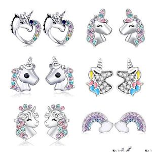 Stud Unicorn Earrings 925 Silver Multi Color Rhinestone Small Heart Cat Rainbow Earring For Women Fashion Jewelry Gift Drop Delivery DHW0N