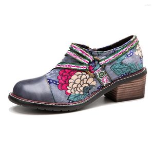 Dress Shoes 2023 Hand-Painted Leather Stitching Women Pumps Retro Graffiti Comfortable Thick-Heeled Low-Top High Heel Oxford Woman