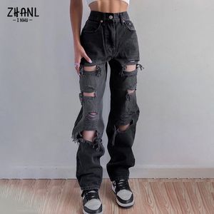 Mężczyźni s dżinsy czarne zerwane wysokiej talii dla kobiet w stylu vintage ubrania Y2K moda proste dżinsowe spodnie uliczne Otwór Hip Hop Spant Dżinsy 230815