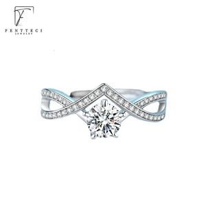 Anéis de casamento Fentteci 925 Sterling Silver Platinum Plated Luxury 1ct D anel colorido para mulheres Cross VShaped Twist Arm 230815