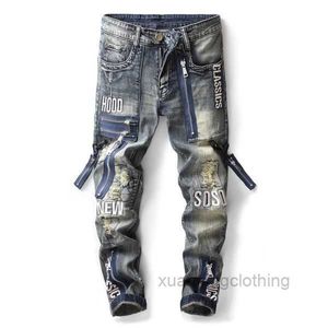 Mode vintage moto cyklist jeans män streetwear rippade denim byxor byxor dragkedja manliga smala fit kläder f5ir