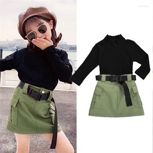 Kläder sätter fokusnorm 1-6y höst mode flickor kläder 6 färger stickade långärmad svart tröja toppar armé gröna kjolar bälte
